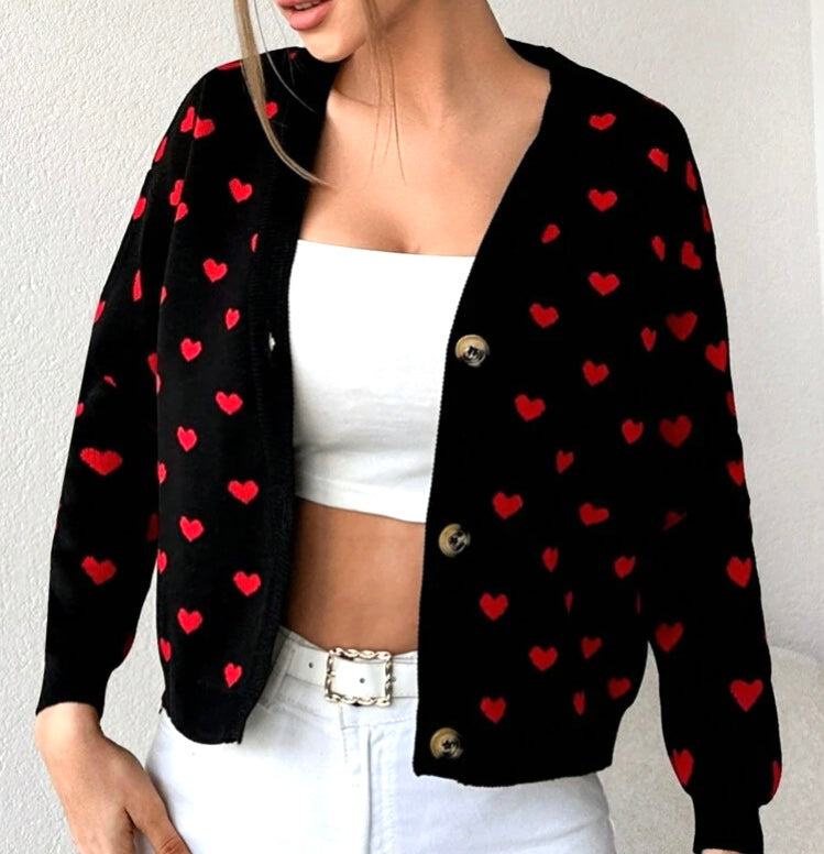 Cardigan noir coeur rouge